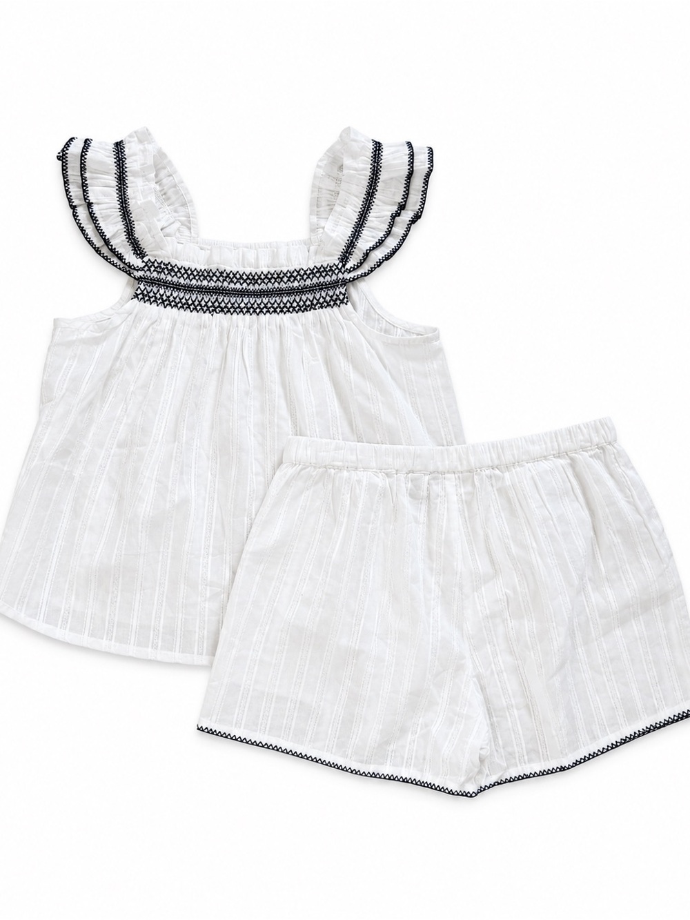 Caroline Constas White Cotton Pajama Set with Navy Trim